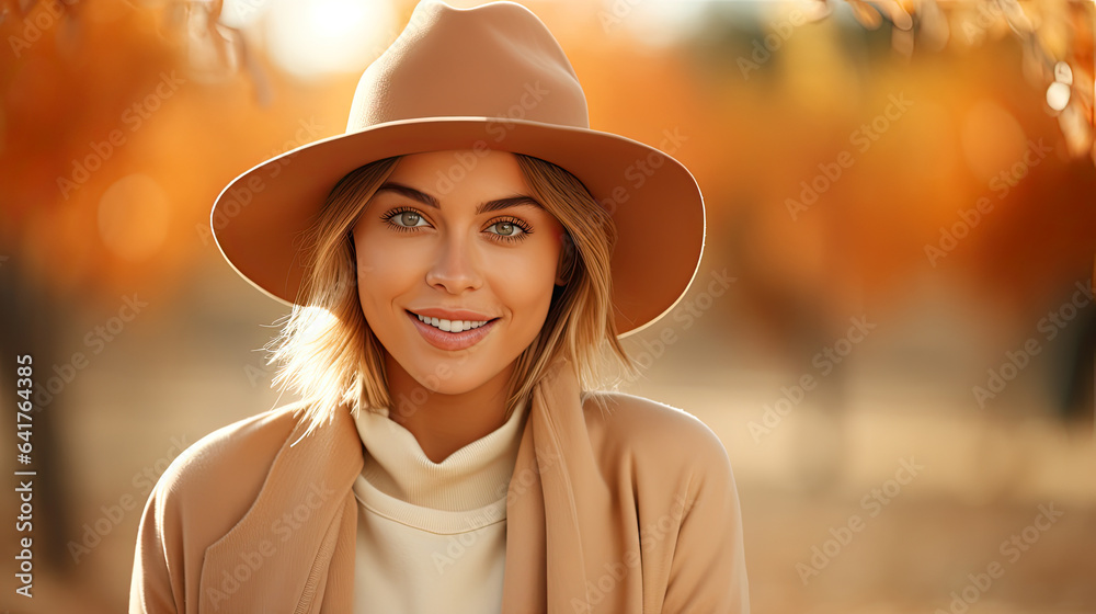 smiling woman model front view facing the camera . hat. scene in autumn park smiling woman model front view facing the camera . hat. scene in autumn park
