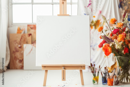 blank canvas on an easel with art supplies - white canvas - AI Generated