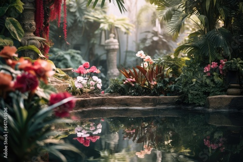 lush garden soft focus blurry background - botanical backdrop for text overlay - AI Generated