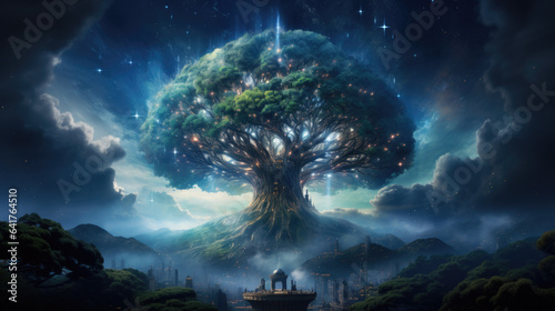 a big tree at night in a fantasy world