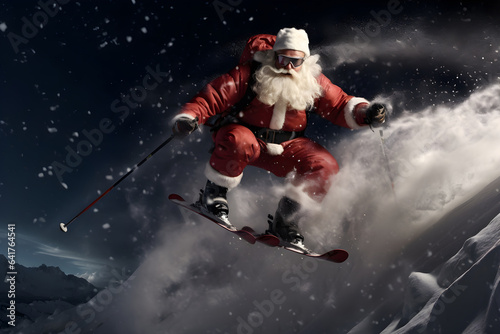 Santa Claus skiing, jumping during a winter snowy day ahead of the Christmas celebration © Marcos