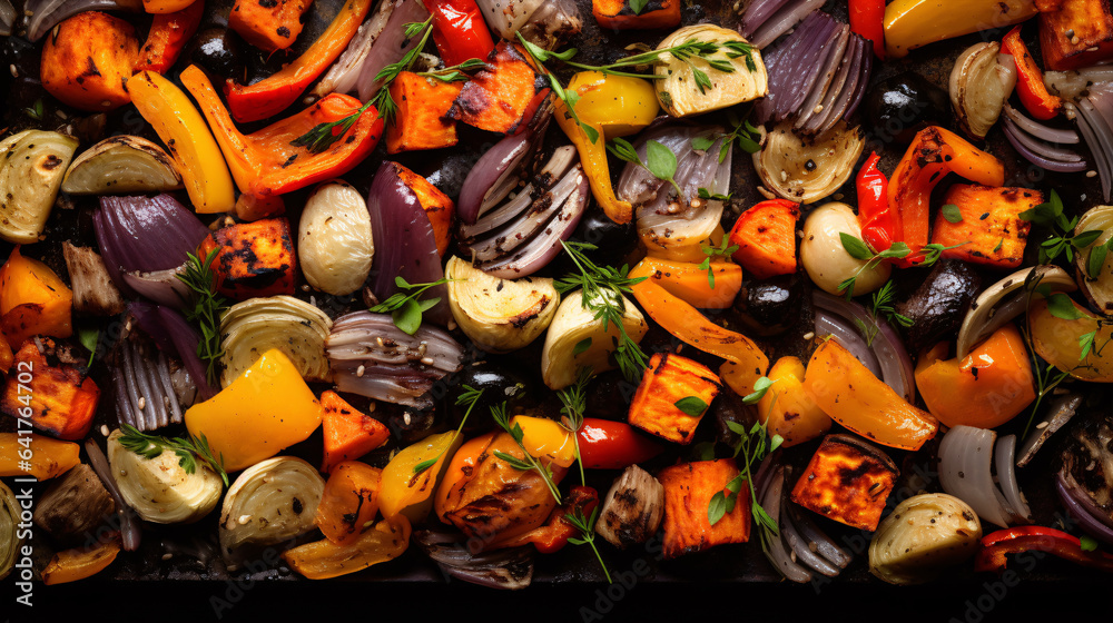 Roasted fall vegetables in full aerial view..