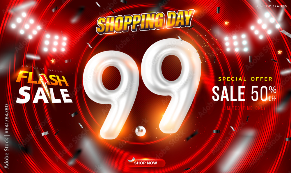 9.9 Day Sale Poster or Banner template with Number 9 3D text and Spotlight LED on red spiral background. Campaign Special Offer Up To 50%. Design for Ads, social media, Shopping online. Vector EPS10.