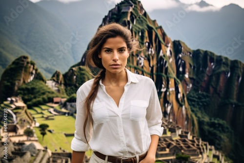 Lifestyle portrait photography of a tender girl in her 20s wearing a classic white shirt at the machu picchu in cusco region peru. With generative AI technology