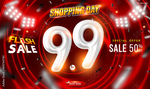 9.9 Day Sale Poster or Banner template with Number 9 3D text and Spotlight LED on red spiral background. Campaign Special Offer Up To 50%. Design for Ads, social media, Shopping online. Vector EPS10.
