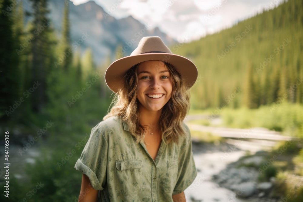 Medium shot portrait photography of a happy girl in his 20s wearing a whimsical sunhat at the banff national park in alberta canada. With generative AI technology