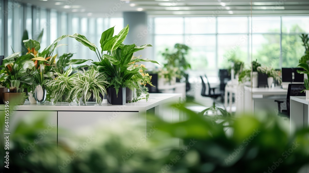 A modern, ecofriendly office space with a clean, white interior design. The room is filled with lush green indoor plants, creating a serene and healthy work environment.