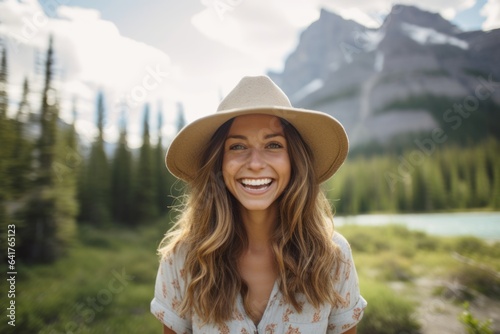 Medium shot portrait photography of a happy girl in his 20s wearing a whimsical sunhat at the banff national park in alberta canada. With generative AI technology