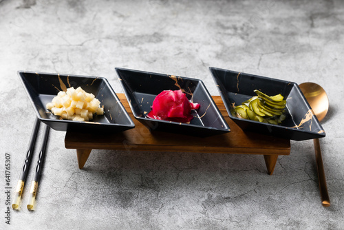 Japanese Tsukemono Pickle Vegetables. Japanese traditional style set. Japanese food isolated on white background photo