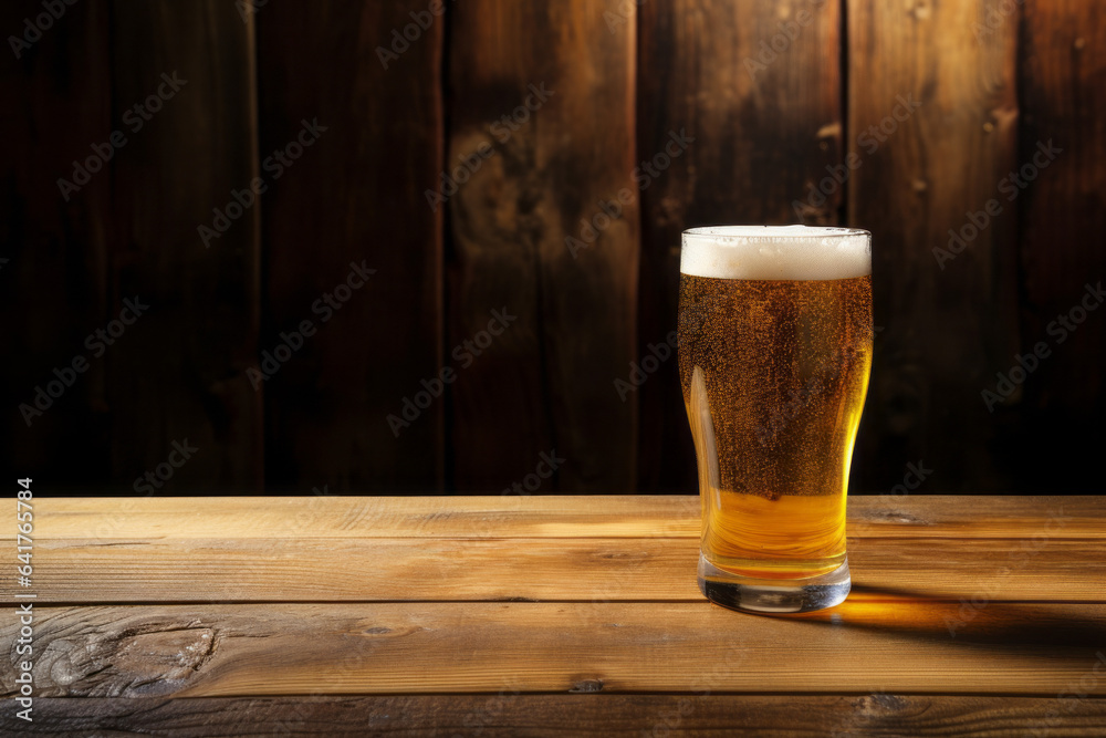 glass of cold beer on wooden table