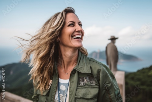 Medium shot portrait photography of a blissful mature woman wearing a trendy bomber jacket at the christ the redeemer in rio de janeiro brazil. With generative AI technology photo