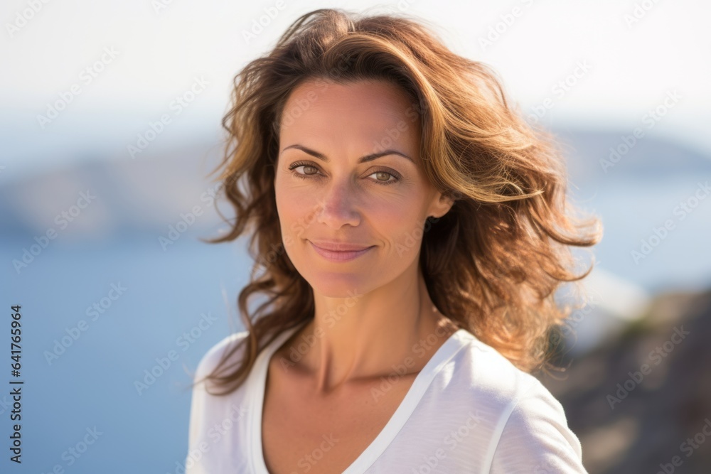 Headshot portrait photography of a blissful girl in her 40s wearing a classy polo shirt at the santorini island greece. With generative AI technology Headshot portrait photography of a blissful girl in her 40s wearing a classy polo shirt at the santorini island greece. With generative AI technology