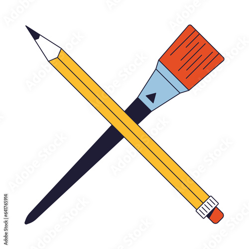 Crossed pencil and paintbrush flat line color isolated vector object. Artist equipment. Editable clip art image on white background. Simple outline cartoon spot illustration for web design