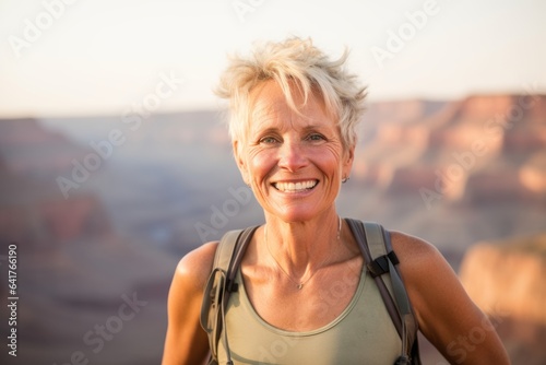 Close-up portrait photography of a satisfied mature woman wearing a cute crop top at the grand canyon in arizona usa. With generative AI technology