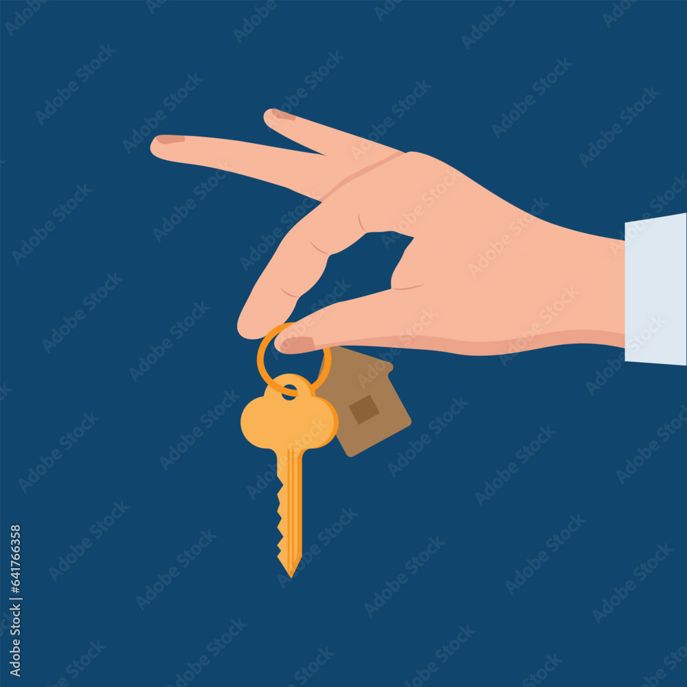hand giving house keys. Keyholder. Home rental, buying property, real estate. Sharing apartment service. Home purchase deal sale, mortgage loan