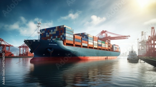 Shipping business, cargo ships carrying containers at sea.