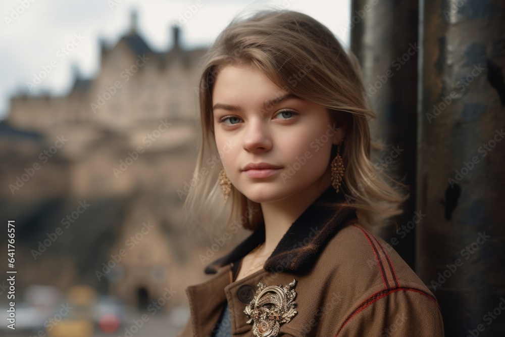 Medium shot portrait photography of a tender girl in her 20s wearing an ornate brooch at the edinburgh castle scotland. With generative AI technology - obrazy, fototapety, plakaty 