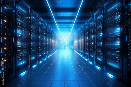 server room data center corridor with glowing lights 3d illustration background