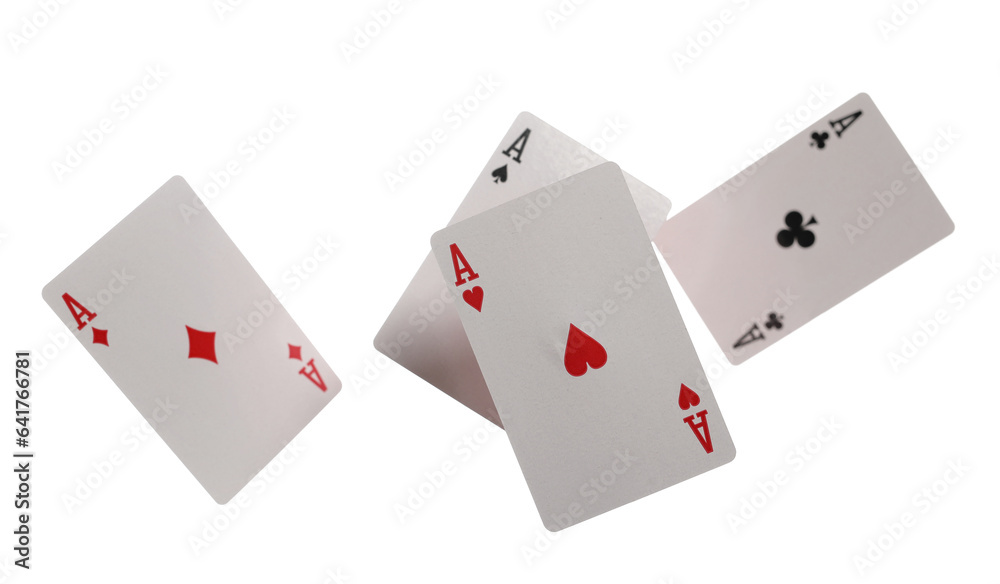 Poker, four aces in flying, playing cards isolated on white, clipping path