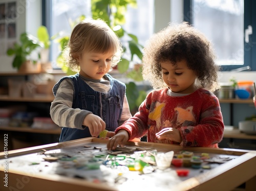 two small children playing at a table in a kindergarten or in a playroom in an elementary school