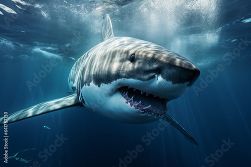 A large toothed white shark underwater in the ocean with its mouth open.generative ai 