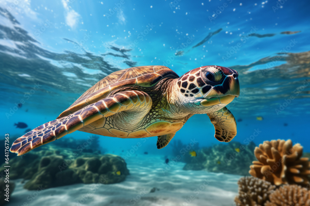Fototapeta premium Sea turtle swimming underwater with corals in the background.generative ai