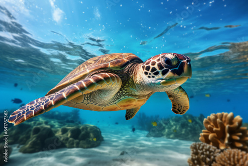Sea turtle swimming underwater with corals in the background.generative ai 