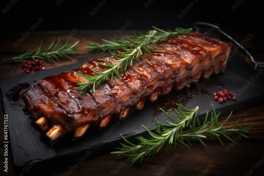 Tasty BBQ pork ribs with rosemary on black rock board, close up view.generative ai
