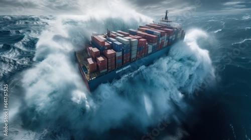 Shipping business, cargo ships carrying containers at sea.