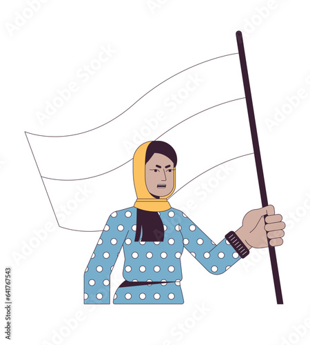 Muslim woman with flag flat line color vector character. Protect rights for woman. Protest. Editable outline full body person on white. Simple cartoon spot illustration for web graphic design