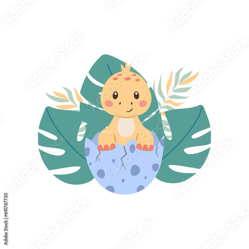 Baby dinosaur in egg with tropical leaves. Funny cute childish vector illustration for design and print.