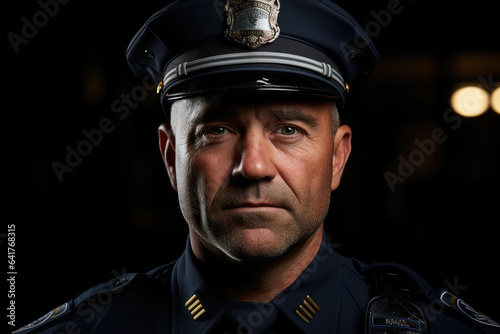 Portrait of a policeman, adult man in black uniform looks at the camera, close up photo photo