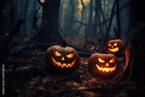 Halloween pumpkins in the dark forest. Scary halloween concept.Generative Ai