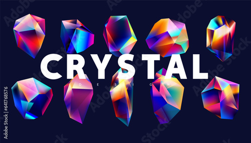 Abstract 3D polygonal iridescent shapes. Set of colorful glass crystals