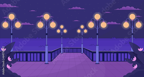 Night waterfront with streetlights lo fi aesthetic wallpaper. Nighttime city quay, glowing lampposts 2D vector cartoon cityscape illustration, purple lofi background. 90s retro album art, chill vibes