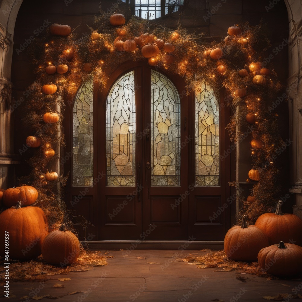 Obraz premium Autumn, doors, pumpkin, fall leaves backdrop