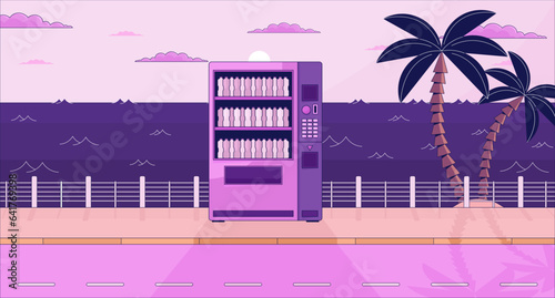 Drink vending machine on dusk waterfront lo fi aesthetic wallpaper. Beverage automat on sundown quay 2D vector cartoon landscape illustration, purple lofi background. 90s retro album art, chill vibes