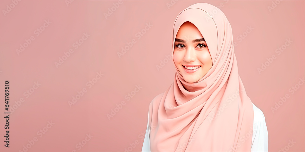 Young woman in hijab on pastel background Young woman in hijab on pastel background