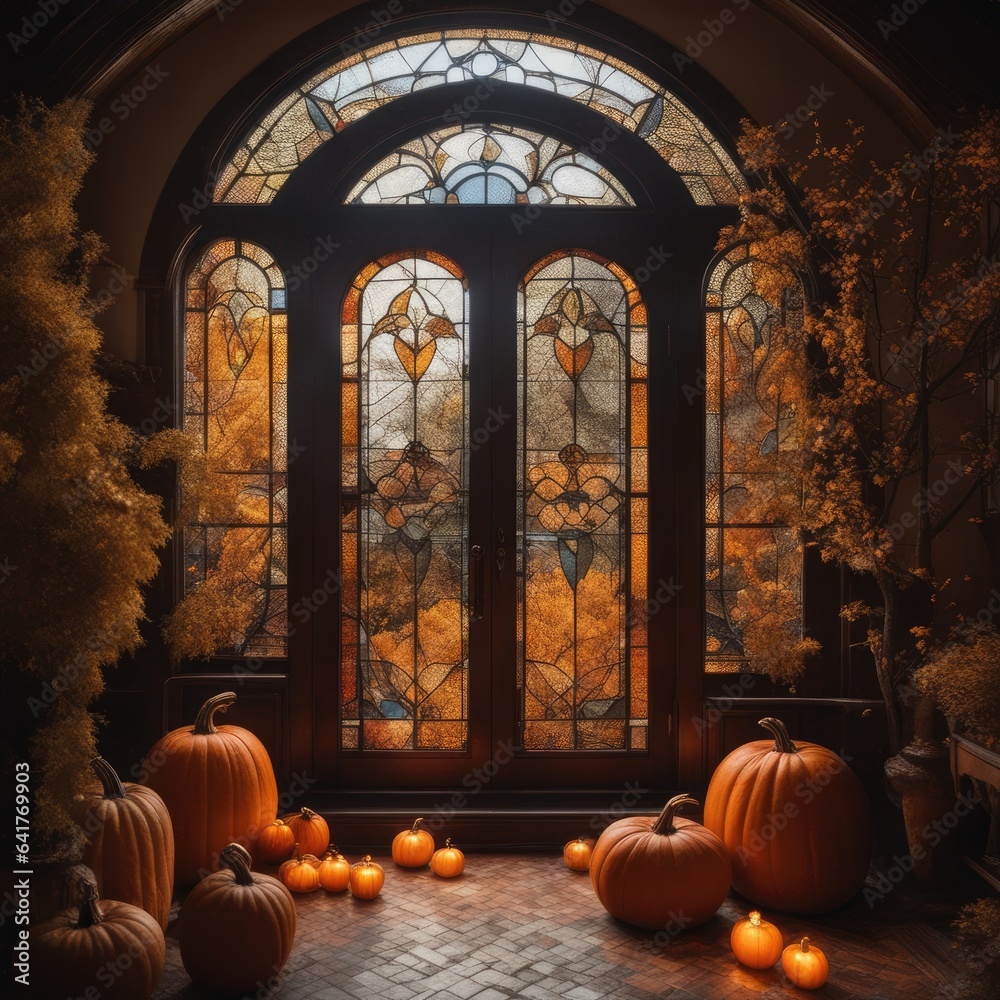 Obraz premium Autumn, doors, pumpkin, fall leaves backdrop