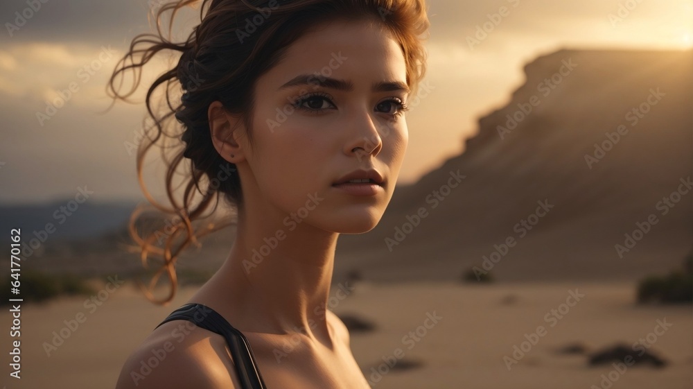 a woman standing in the desert at sunset, generative ai a woman standing in the desert at sunset, generative ai