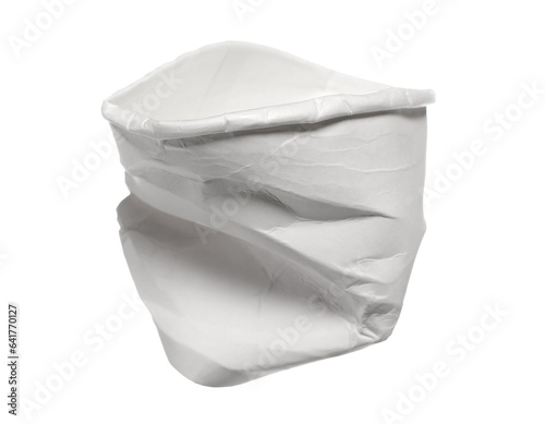 Disposable crumpled, paper cup  for throwing away and recycling isolated on white, clipping path