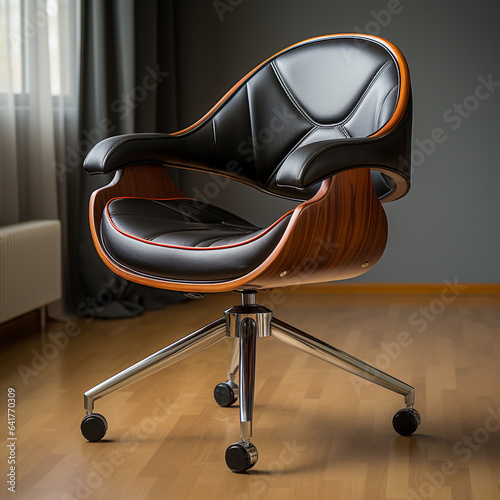 A premium standard executive chair made of leather and cedar wood material. Isolated on dark background.
 photo