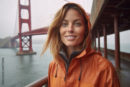 Lifestyle portrait photography of a glad girl in her 40s wearing a waterproof rain jacket at the golden gate bridge in san francisco usa. With generative AI technology
