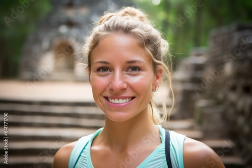 Close-up portrait photography of a blissful girl in her 30s wearing a moisture-wicking running shirt at the chichen itza yucatan mexico. With generative AI technology