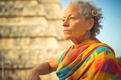 Photography in the style of pensive portraiture of a merry mature woman wearing a vibrant rash guard at the chichen itza yucatan mexico. With generative AI technology photo