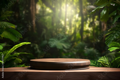 Natural Showcase Wooden Podium in Lush Forest  Perfect for Product Presentation. Harmonious 3D Rendering of Nature and Elegance