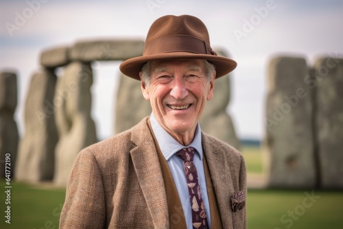 Lifestyle portrait photography of a grinning mature man wearing a classic fedora at the stonehenge in wiltshire england. With generative AI technology © Markus Schröder