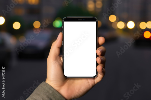 A man's hand holds a mockup smartphone on the background of the urban landscape.