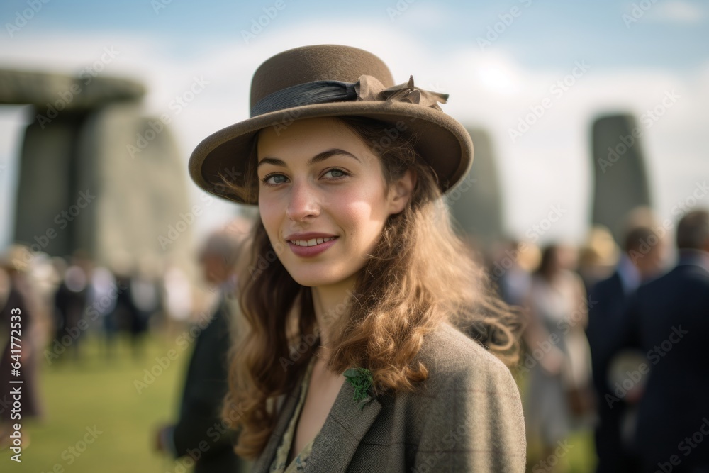 Headshot portrait photography of a tender girl in his 30s wearing a fancy fascinator at the stonehenge in wiltshire england. With generative AI technology