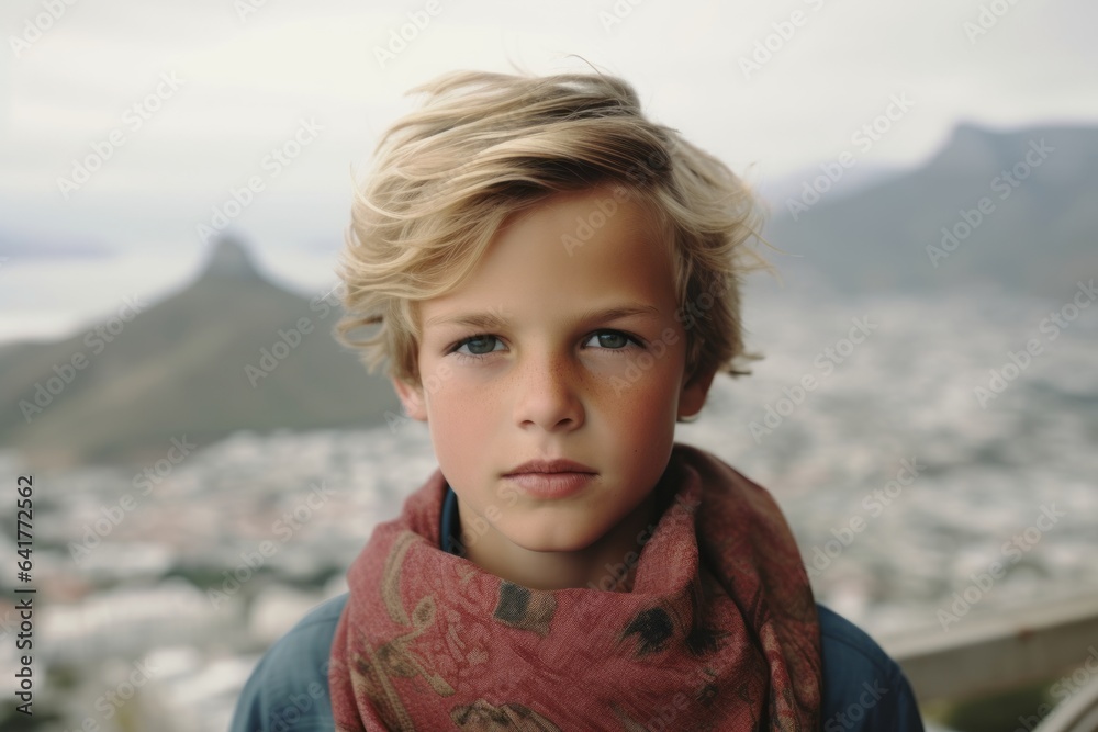 Close-up portrait photography of a tender boy in his 30s wearing an elegant silk scarf at the table mountain in cape town south africa. With generative AI technology
